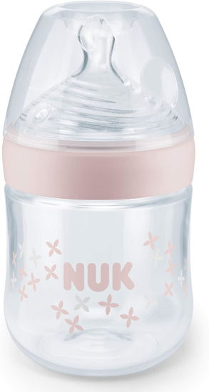 NUK Nature Sense Baby buteliukas, 0-6 men., su kruti primenanciu silikoniniu ciulptuku be BPA, 1 vnt., 150 ml turinys, S (arbata), rozine     